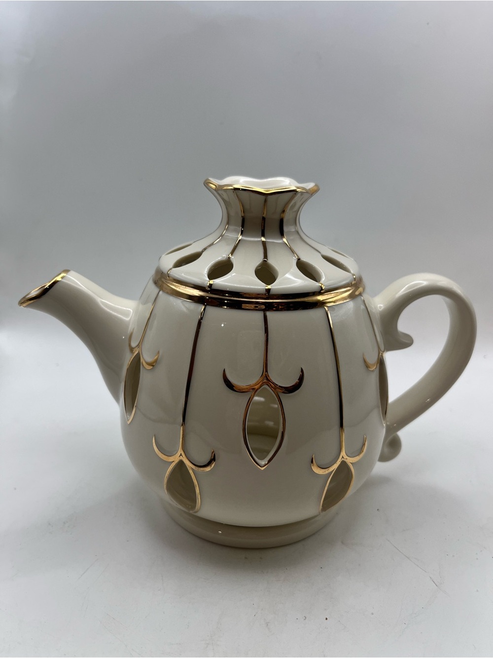 Partylite Elegant White Ceramic Teapot with Gold Accents